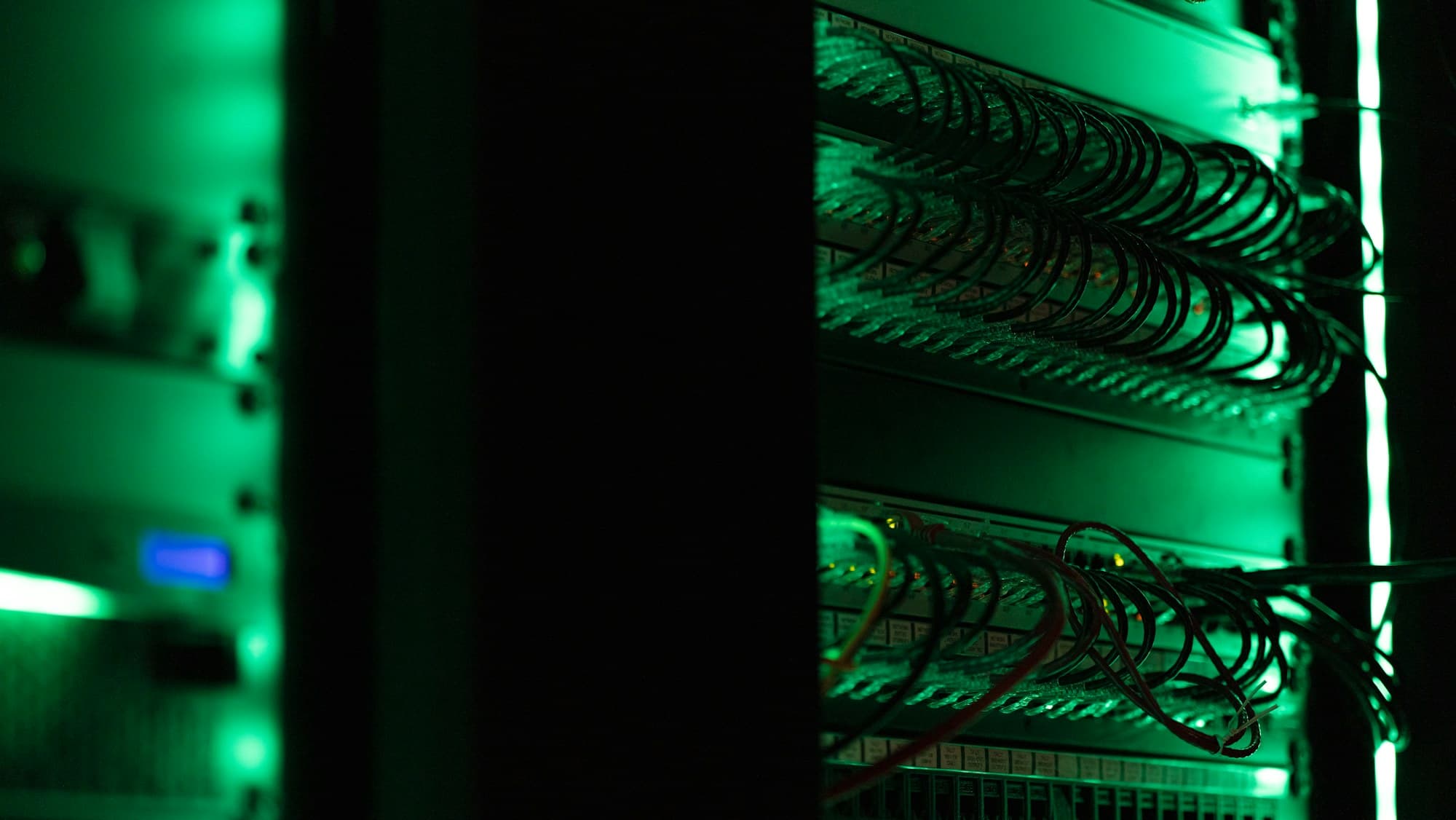 A dark server rack with neatly bundled cabling, lit by a cool indicator light.