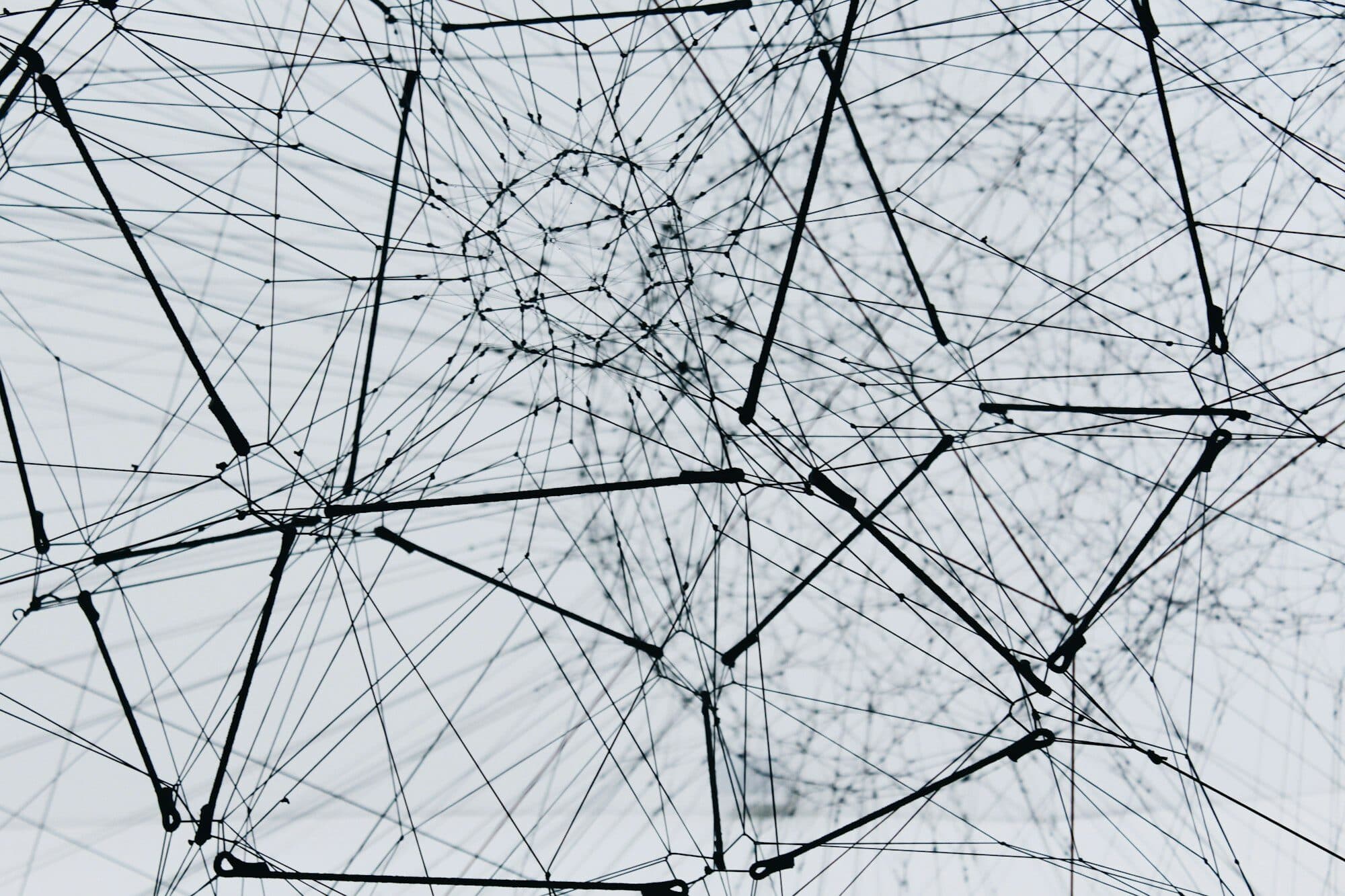 A dense web of black nodes and connecting threads on a soft white background, a calm, ordered network.